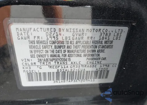 2014 Nissan Sentra Fe+ S/Fe+ Sv/S/Sl/Sr/Sv из США, поврежденный, VIN 3N1AB7AP5EY209415